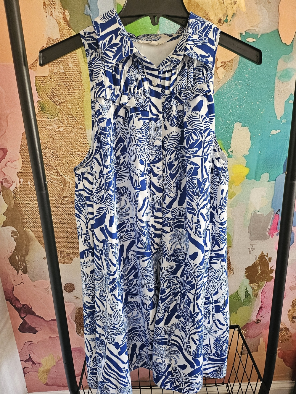 entro Blue and White Tropical Print Sleeveless Top